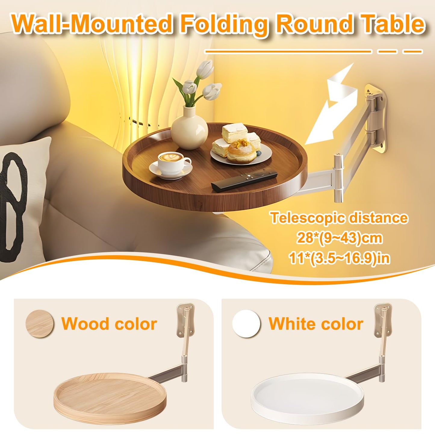 Wall-Mounted Foldable Round Table – Adjustable Telescopic Desk with Aluminum Alloy Support, White