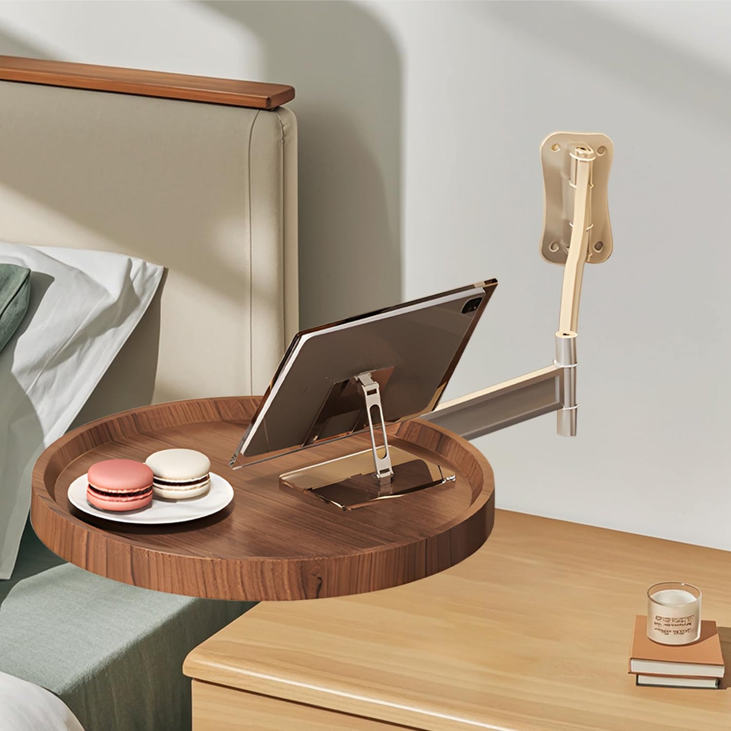 Wall-Mounted Foldable Round Table – Adjustable Telescopic Bedside Desk with Walnut Finish