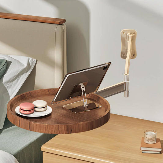 Wall-Mounted Foldable Round Table – Adjustable Telescopic Bedside Desk with Walnut Finish