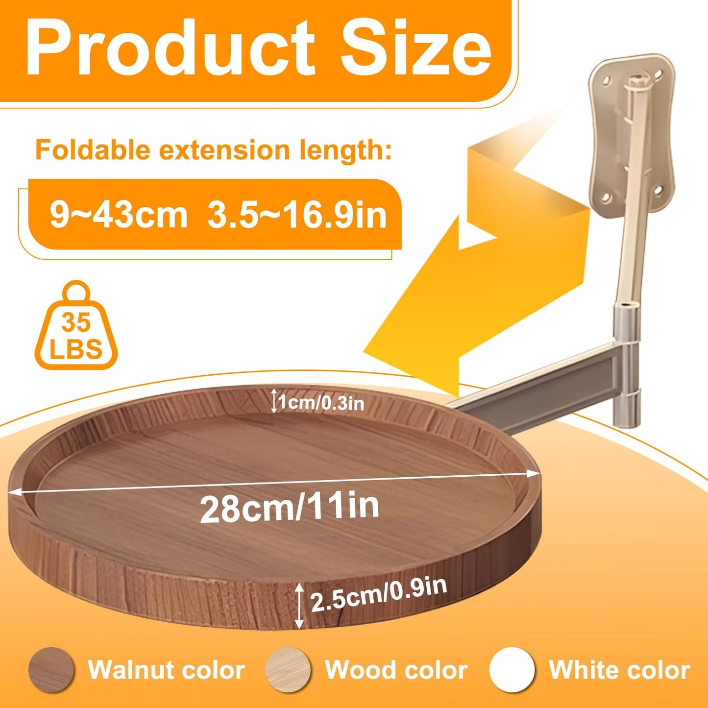 Wall-Mounted Foldable Round Table – Adjustable Telescopic Bedside Desk with Walnut Finish