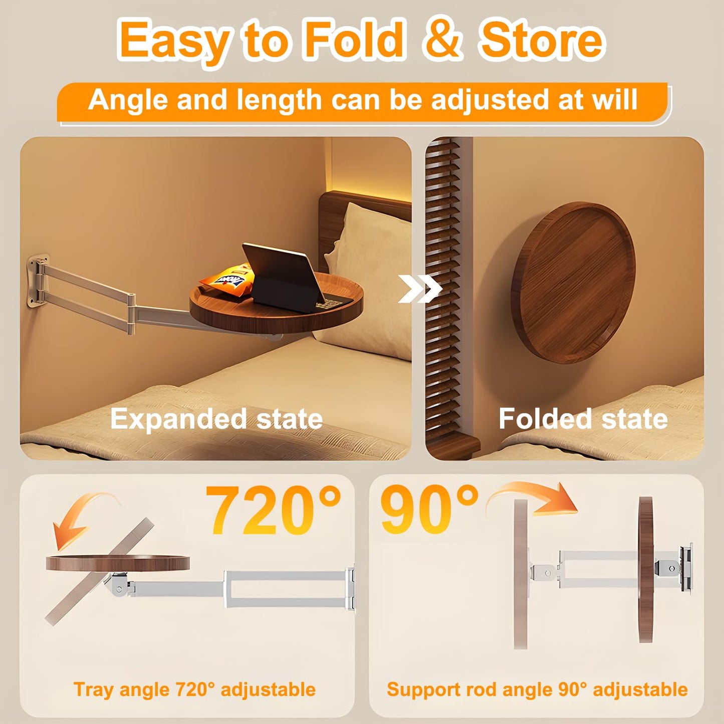 Wall-Mounted Foldable Round Table – Adjustable Telescopic Desk with Aluminum Alloy Support, Original Wood Finish