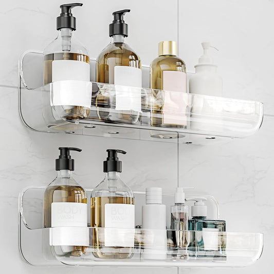 2-Pack Acrylic Adhesive Wall Shelf for Bathroom, Kitchen & Vanity Storage – No Drill, Waterproof with Drainage Holes (Clear)