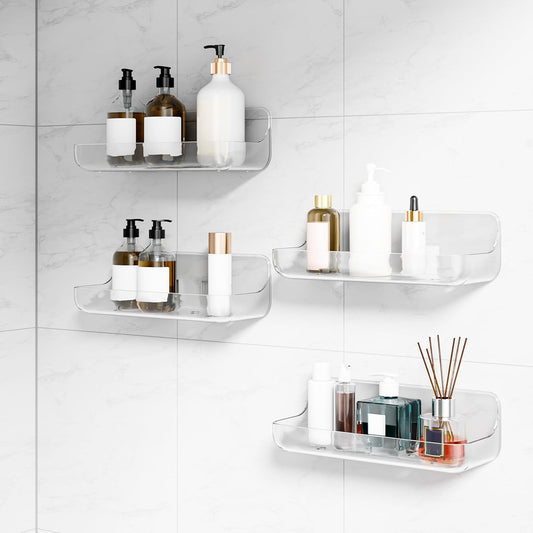4-Pack Acrylic Adhesive Wall Shelf for Bathroom, Kitchen & Vanity Storage – No Drill, Waterproof with Drainage Holes (Clear)