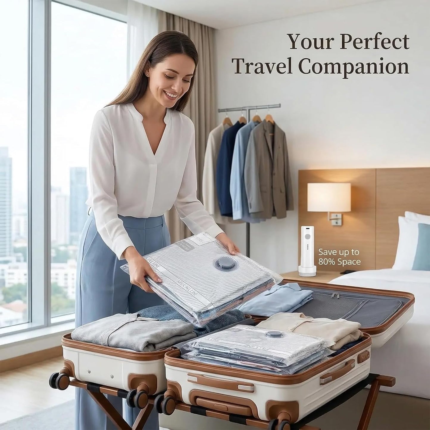 Travel Vacuum Bag Set with Rechargeable Cordless Pump – 3 Sizes, Airtight Dual-Zipper Seal, Space-Saving Compression