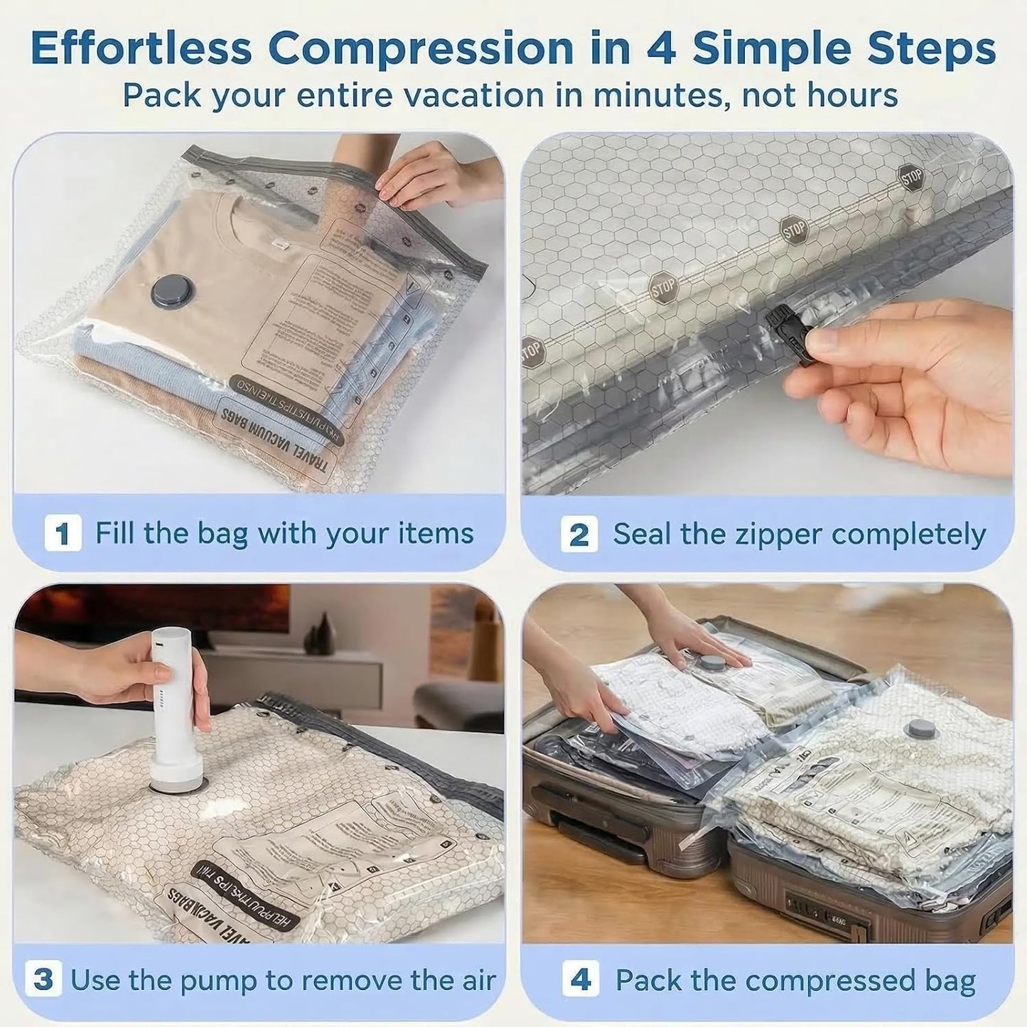 Travel Vacuum Bag Set with Rechargeable Cordless Pump – 3 Sizes, Airtight Dual-Zipper Seal, Space-Saving Compression