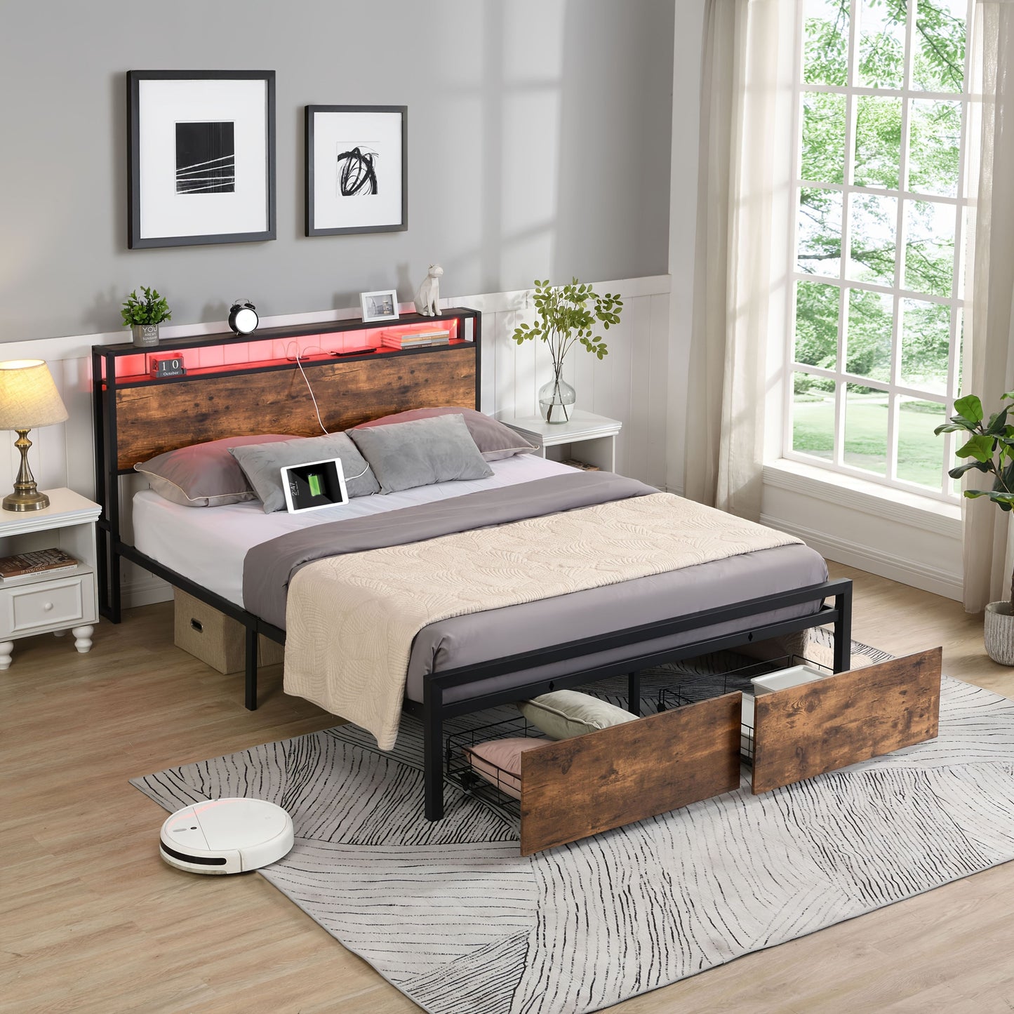 Double Bed Frame – Storage Drawers, LED Headboard, Charging Station, Rustic Brown