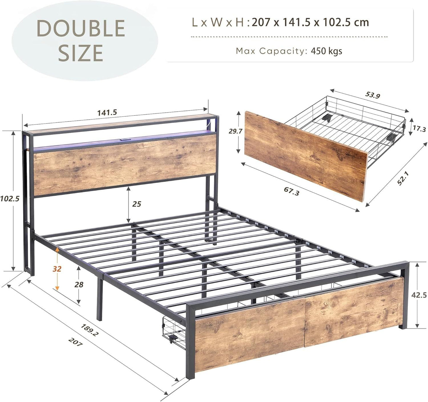 Double Bed Frame – Storage Drawers, LED Headboard, Charging Station, Rustic Brown