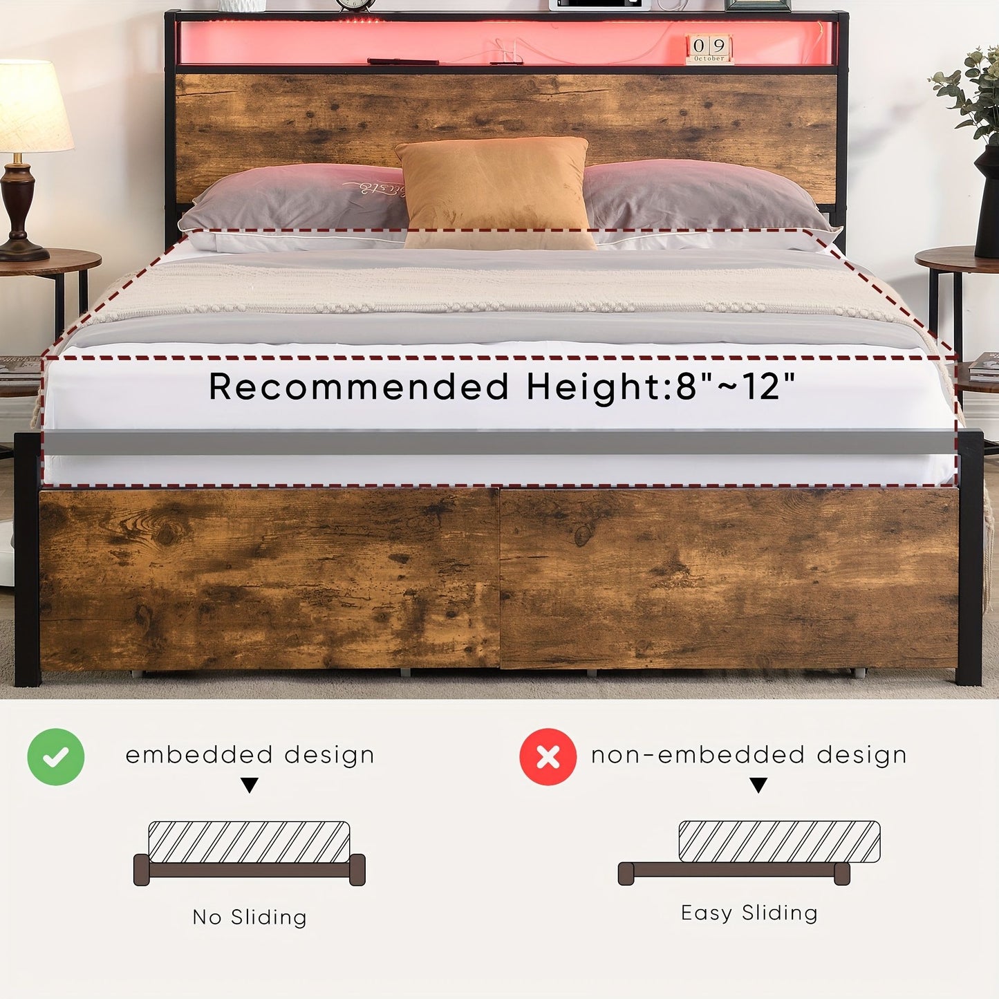 Double Bed Frame – Storage Drawers, LED Headboard, Charging Station, Rustic Brown