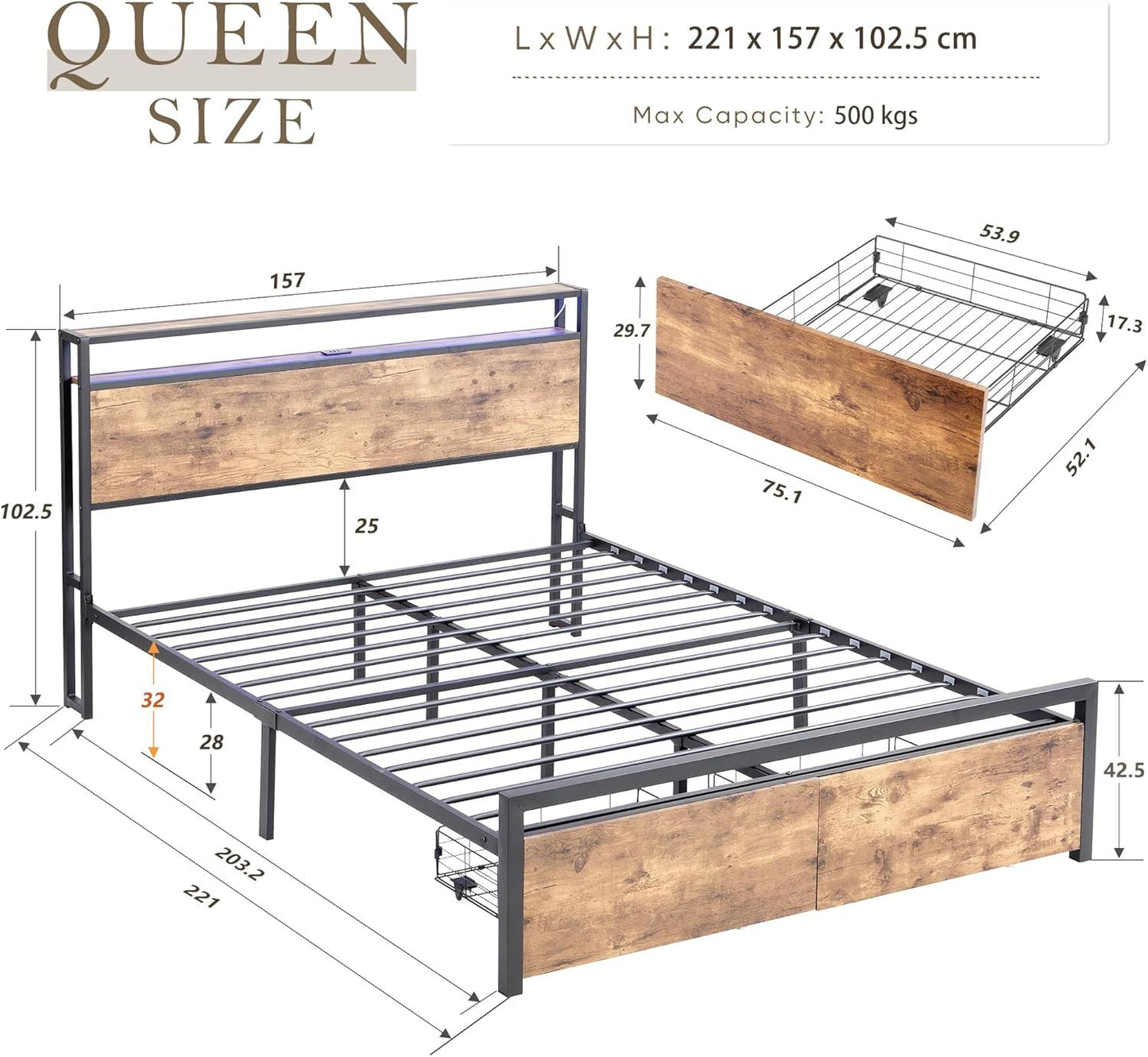 Queen Bed Frame with Storage Drawers, LED Headboard, Charging Station – Rustic Brown, No Box Spring Needed