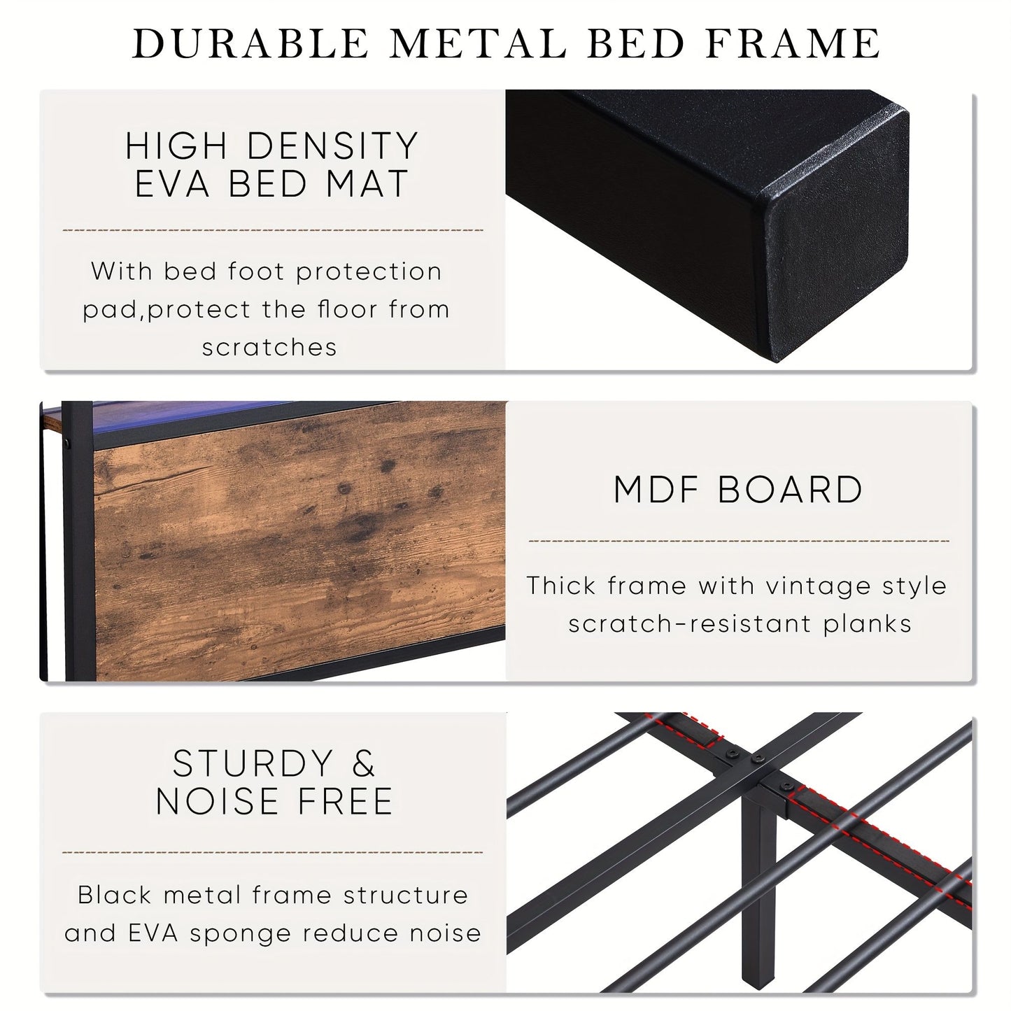 Queen Bed Frame with Storage Drawers, LED Headboard, Charging Station – Rustic Brown, No Box Spring Needed