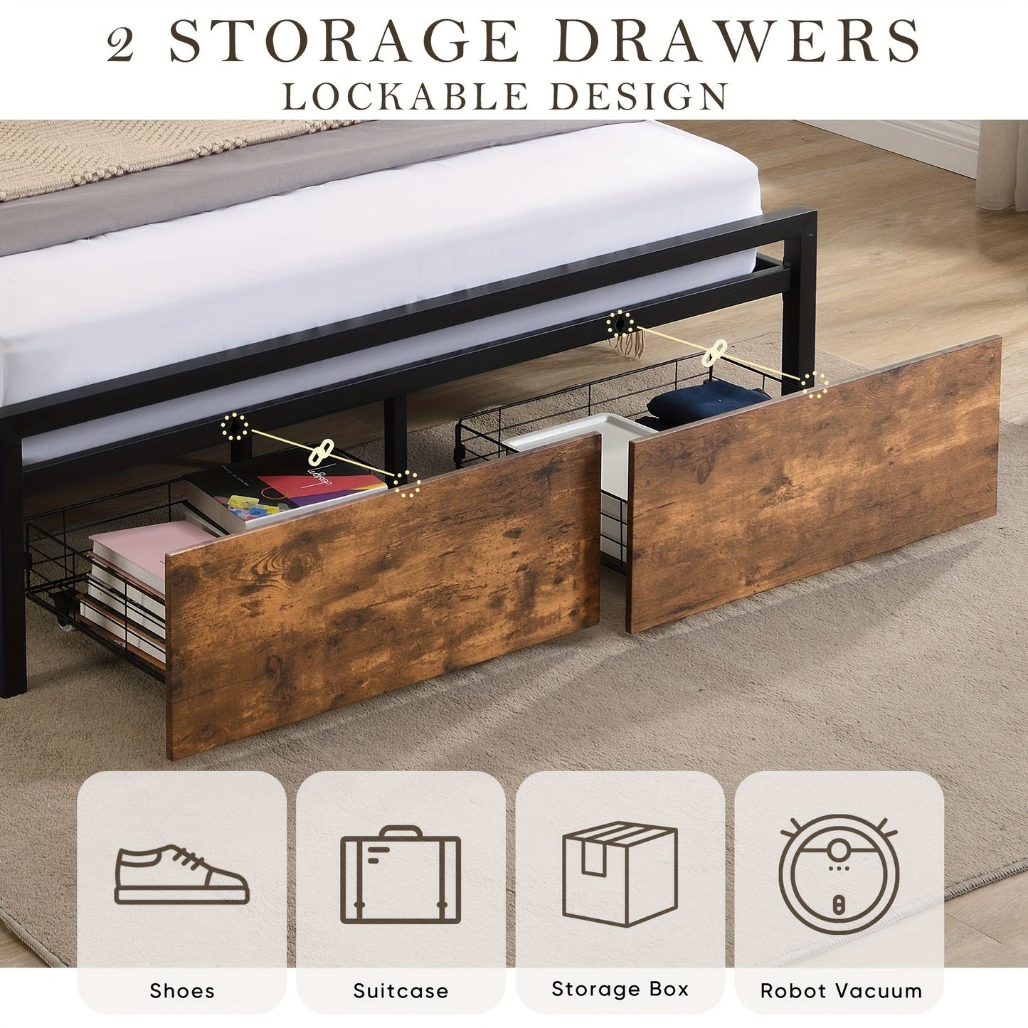 Queen Bed Frame with Storage Drawers, LED Headboard, Charging Station – Rustic Brown, No Box Spring Needed