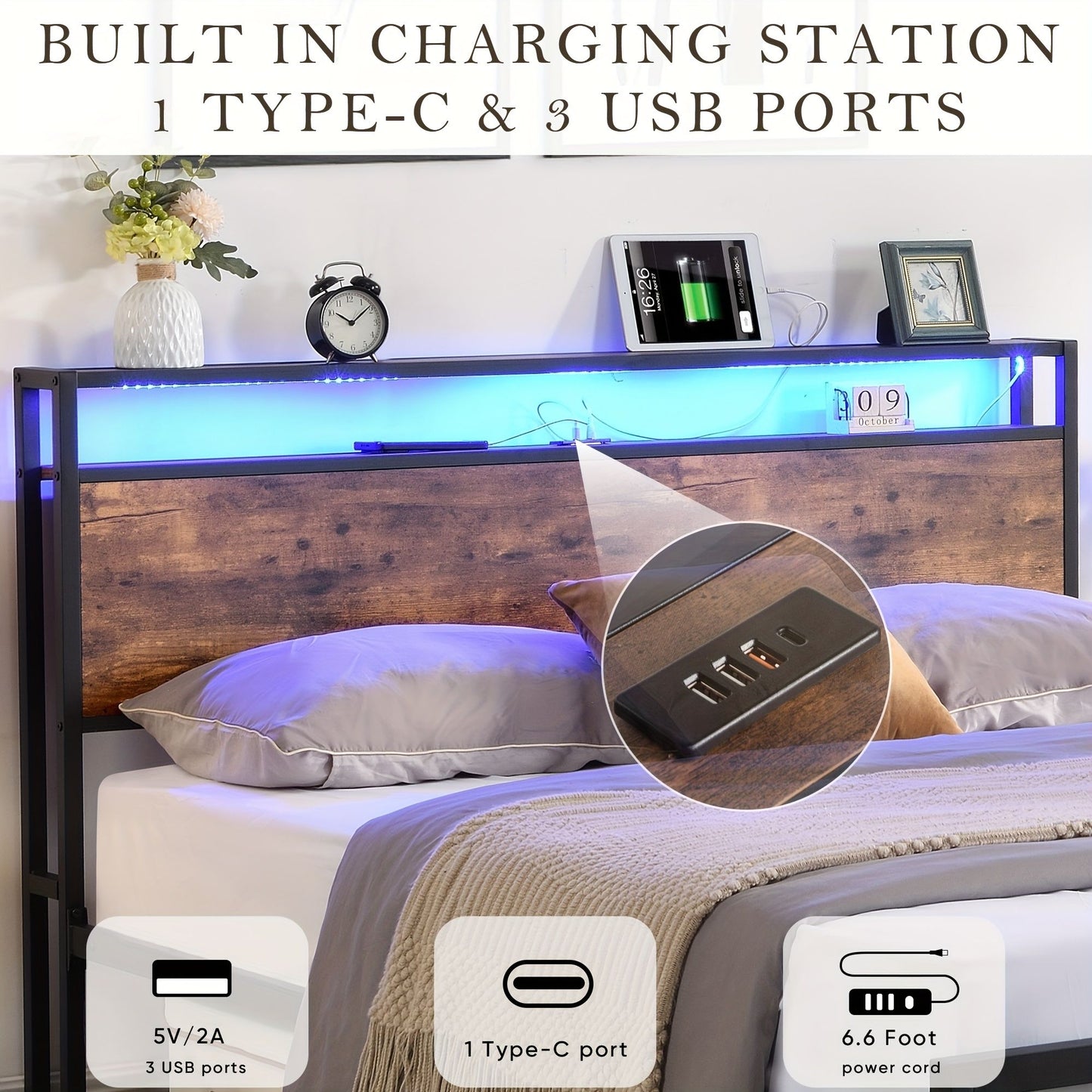 Queen Bed Frame with Storage Drawers, LED Headboard, Charging Station – Rustic Brown, No Box Spring Needed