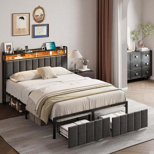 Queen Bed Frame with Storage Drawers and LED Headboard, USB Charging Station – Grey