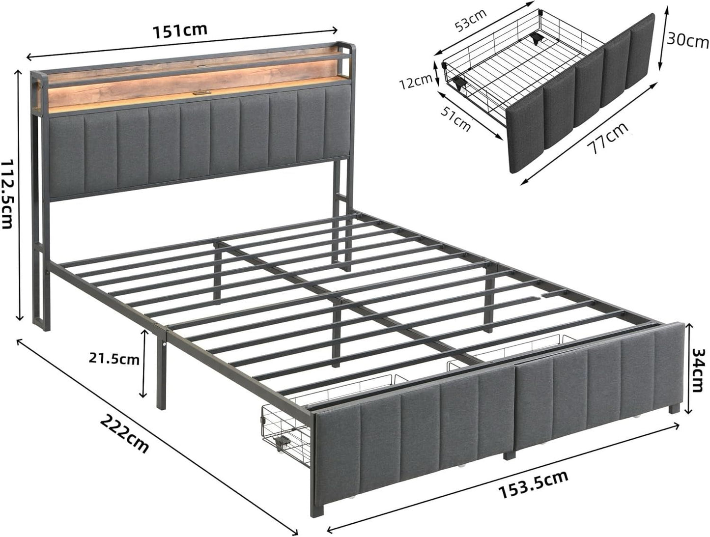 Queen Bed Frame with Storage Drawers and LED Headboard, USB Charging Station – Grey
