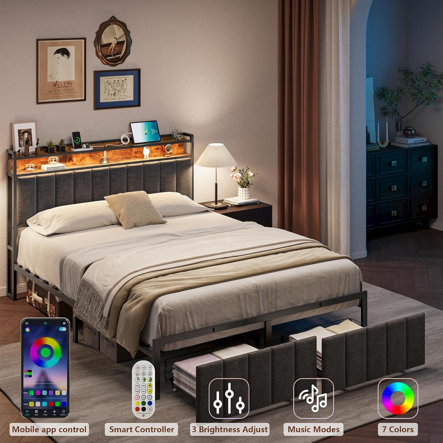 Queen Bed Frame with Storage Drawers and LED Headboard, USB Charging Station – Grey