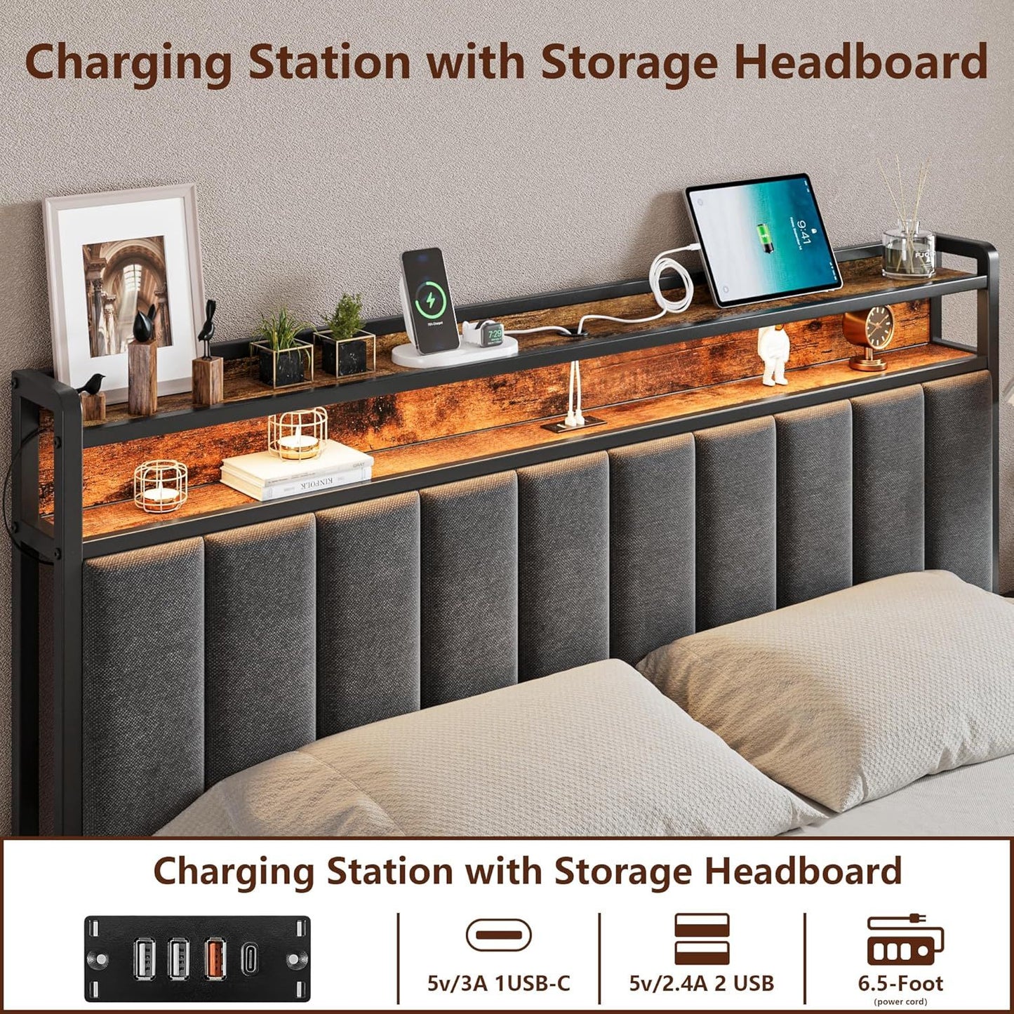 Queen Bed Frame with Storage Drawers and LED Headboard, USB Charging Station – Grey
