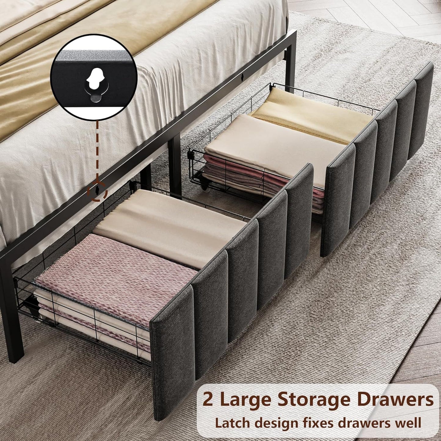 Queen Bed Frame with Storage Drawers and LED Headboard, USB Charging Station – Grey