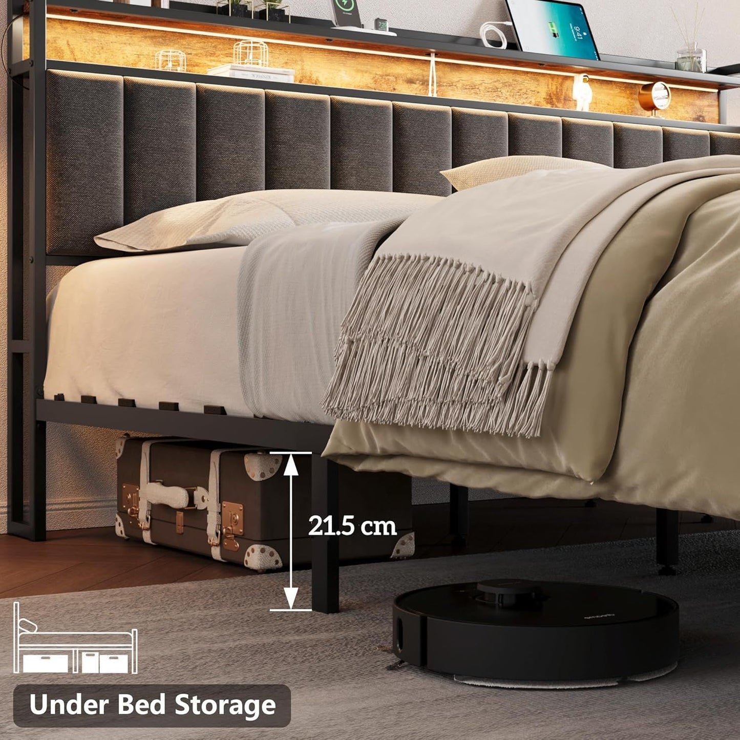 Queen Bed Frame with Storage Drawers and LED Headboard, USB Charging Station – Grey