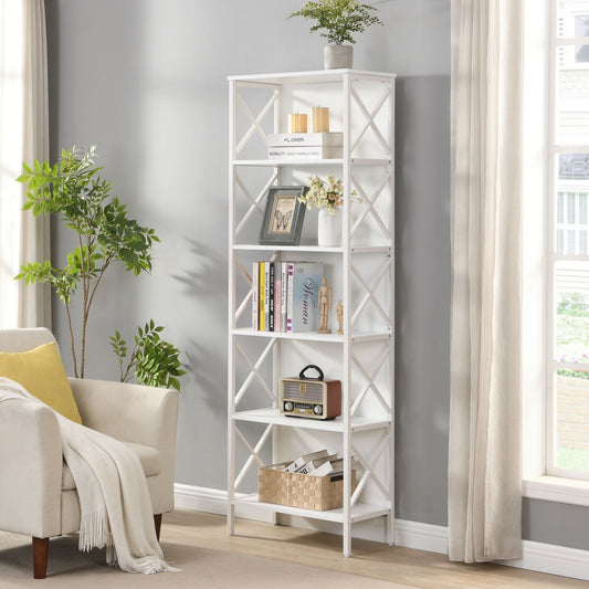 6-Tier Bookshelf – Sturdy Metal Frame, White Finish