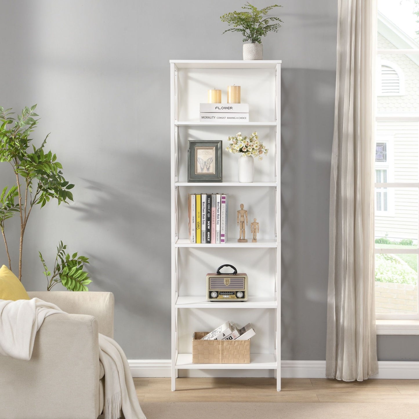 6-Tier Bookshelf – Sturdy Metal Frame, White Finish