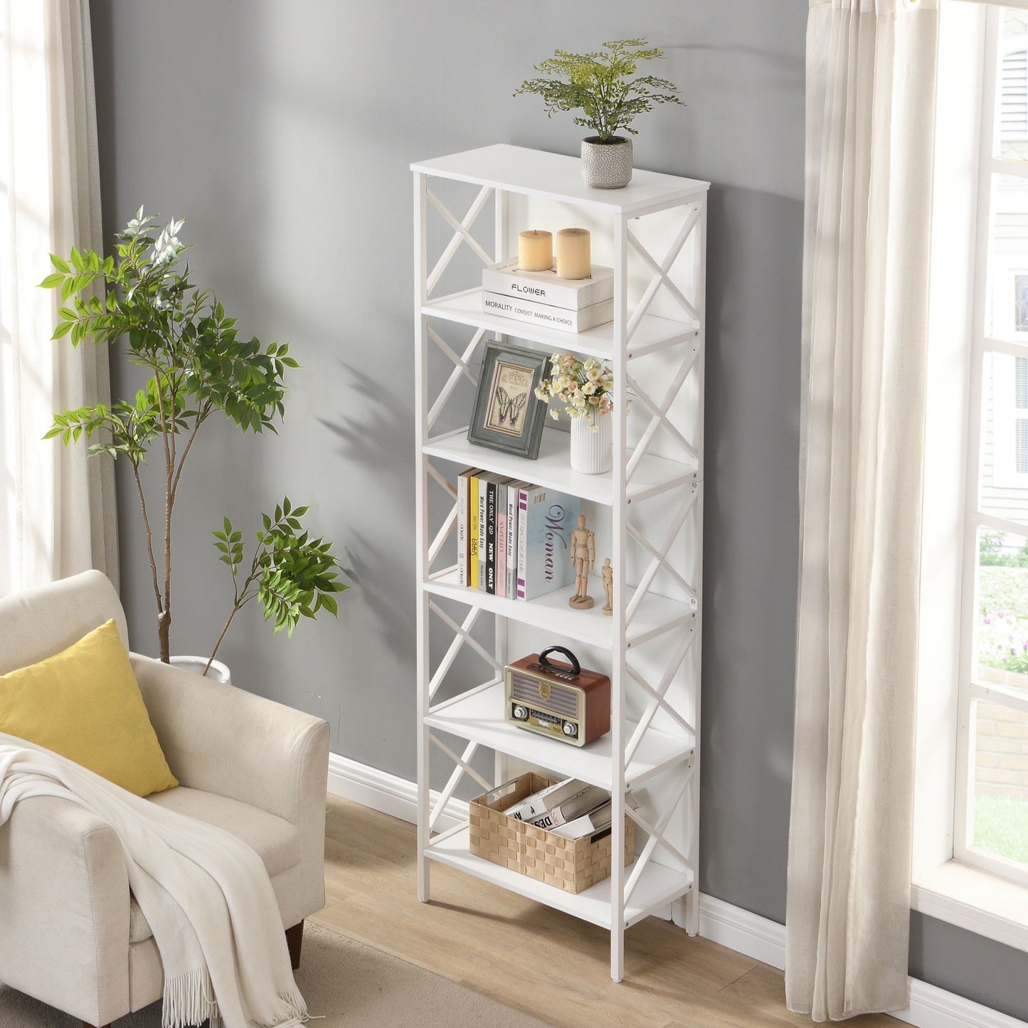 6-Tier Bookshelf – Sturdy Metal Frame, White Finish