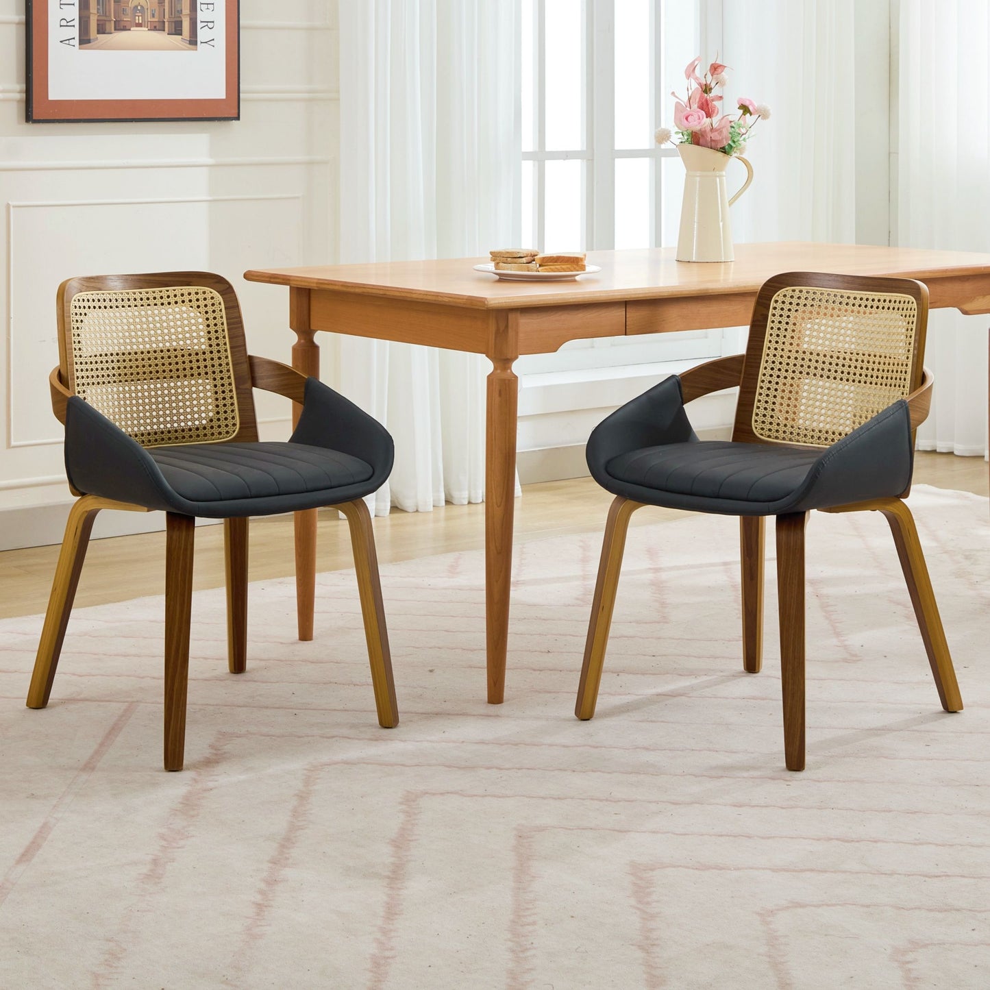 Rattan Back Dining Chairs Set of 2 – Ergonomic Cane Back, Black Faux Leather