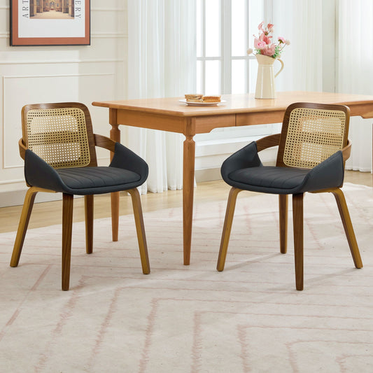 Set of 2 rattan dining chairs with faux leather in a stylish dining setting, enhancing comfort and modern décor.