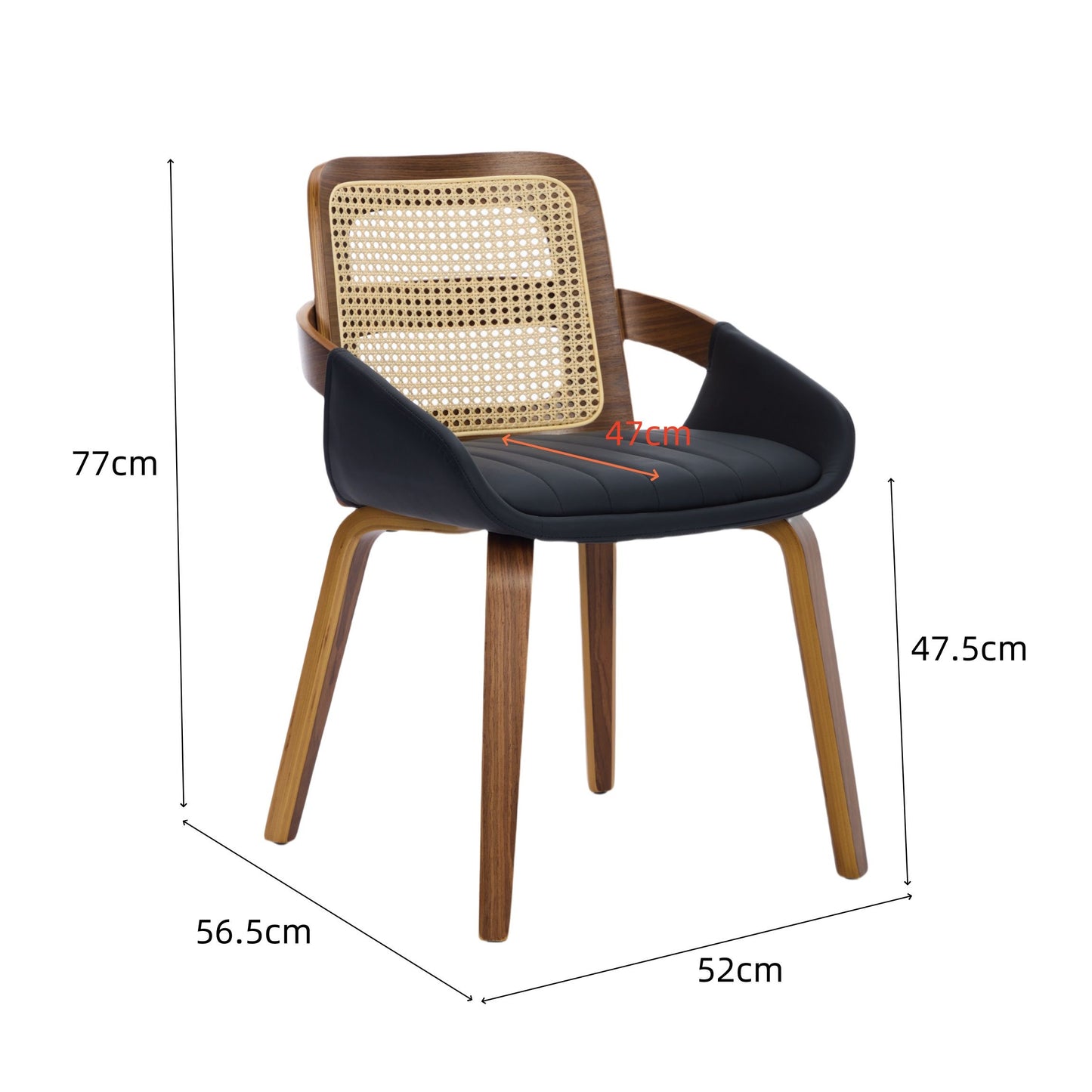 Rattan Back Dining Chairs Set of 2 – Ergonomic Cane Back, Black Faux Leather