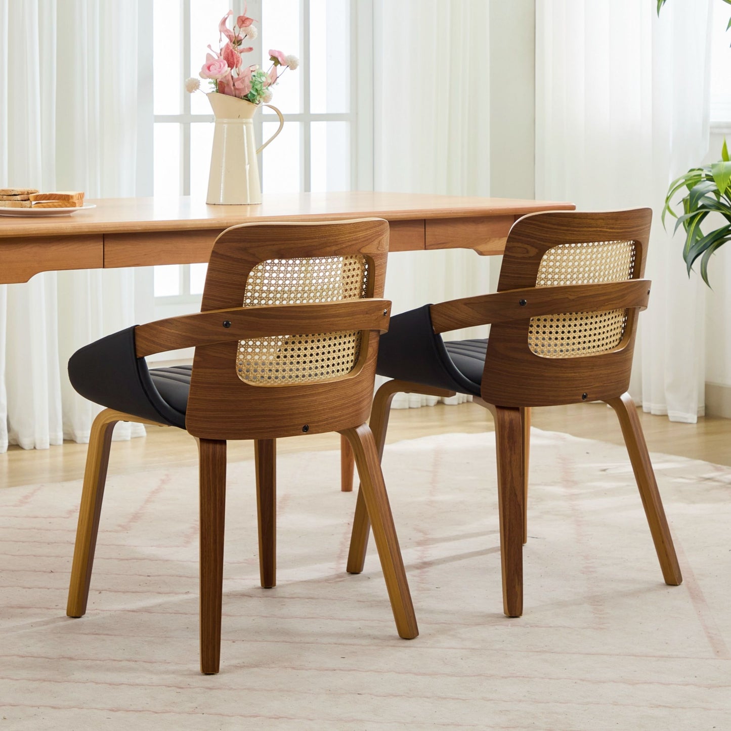 Rattan Back Dining Chairs Set of 2 – Ergonomic Cane Back, Black Faux Leather