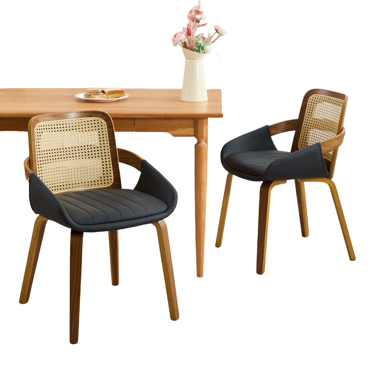 Rattan Back Dining Chairs Set of 2 – Ergonomic Cane Back, Black Faux Leather