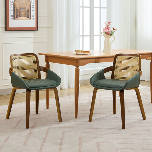 Dining Chairs Set of 2 – Ergonomic Rattan Back, Green Faux Leather