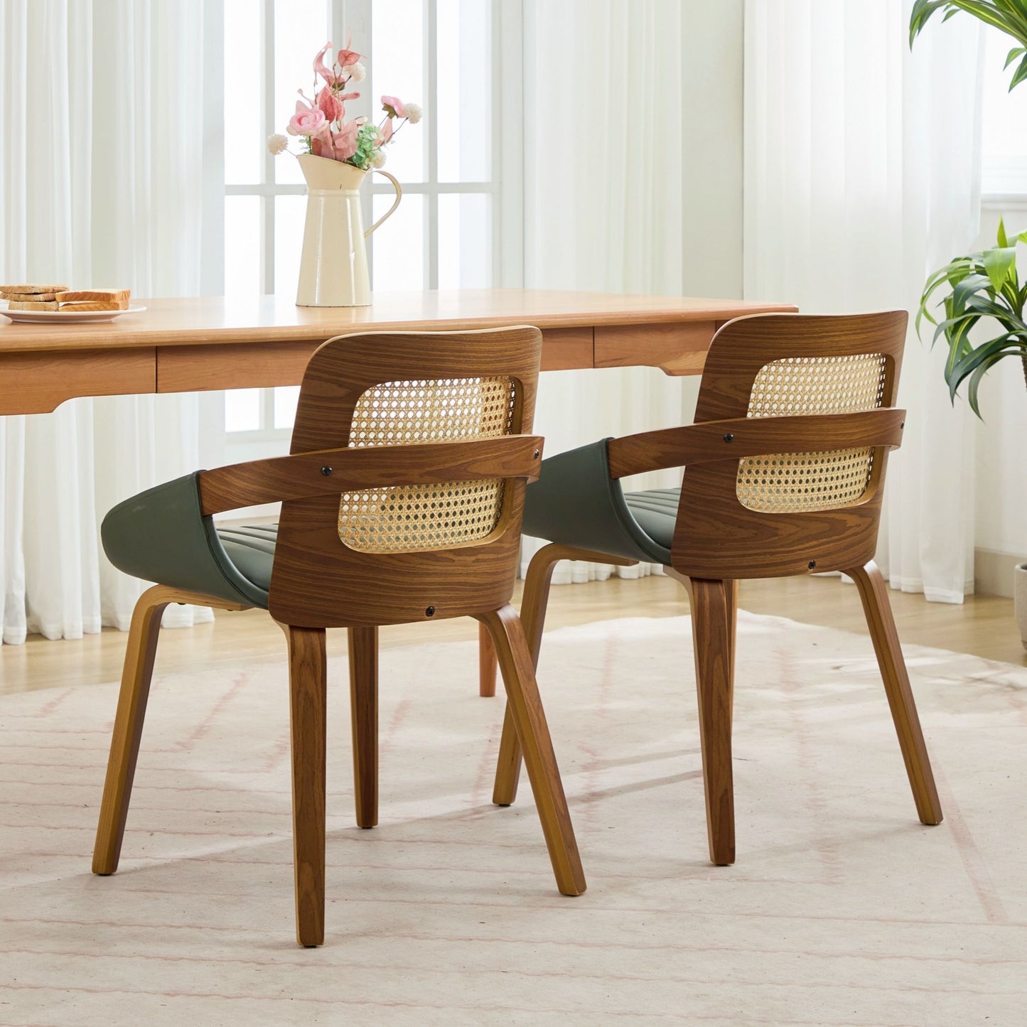 Dining Chairs Set of 2 – Ergonomic Rattan Back, Green Faux Leather