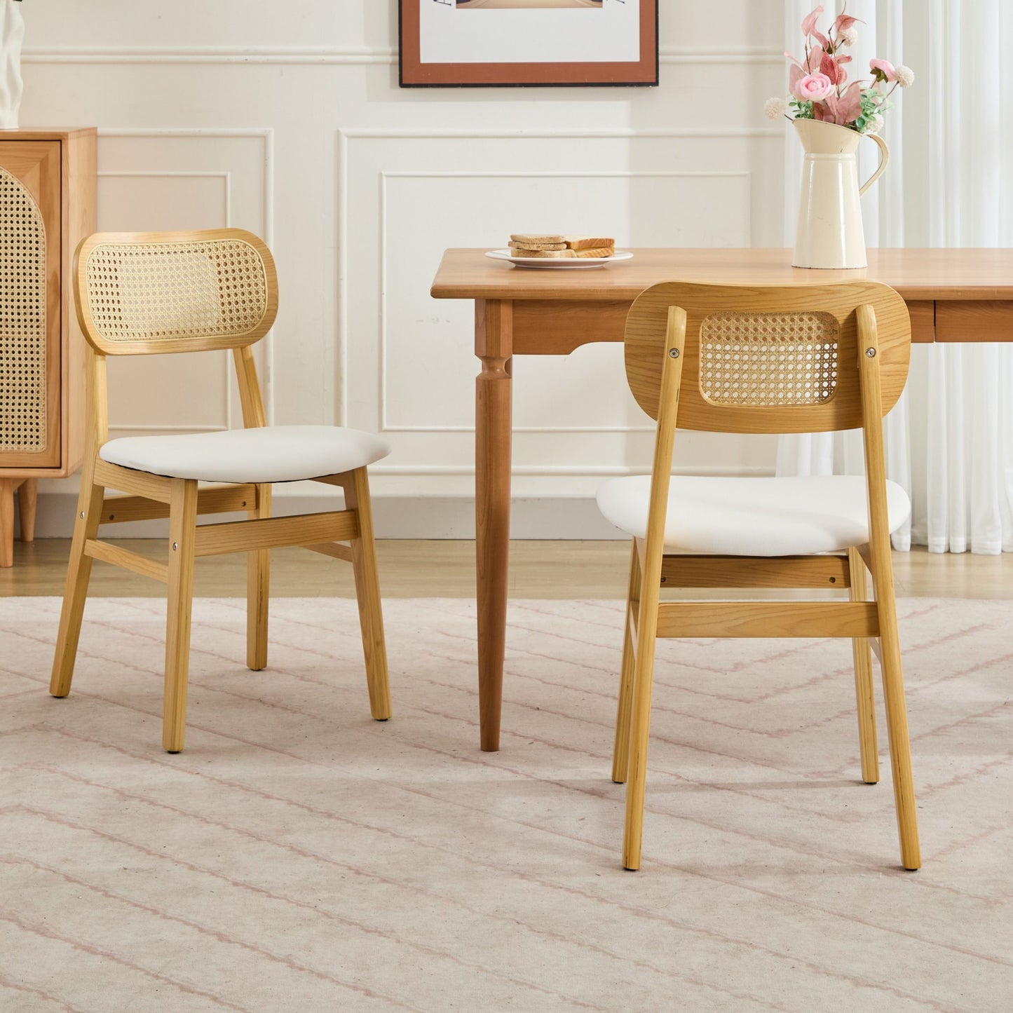 Dining Chairs Set of 2 – Rattan Back, White Faux Leather Upholstery
