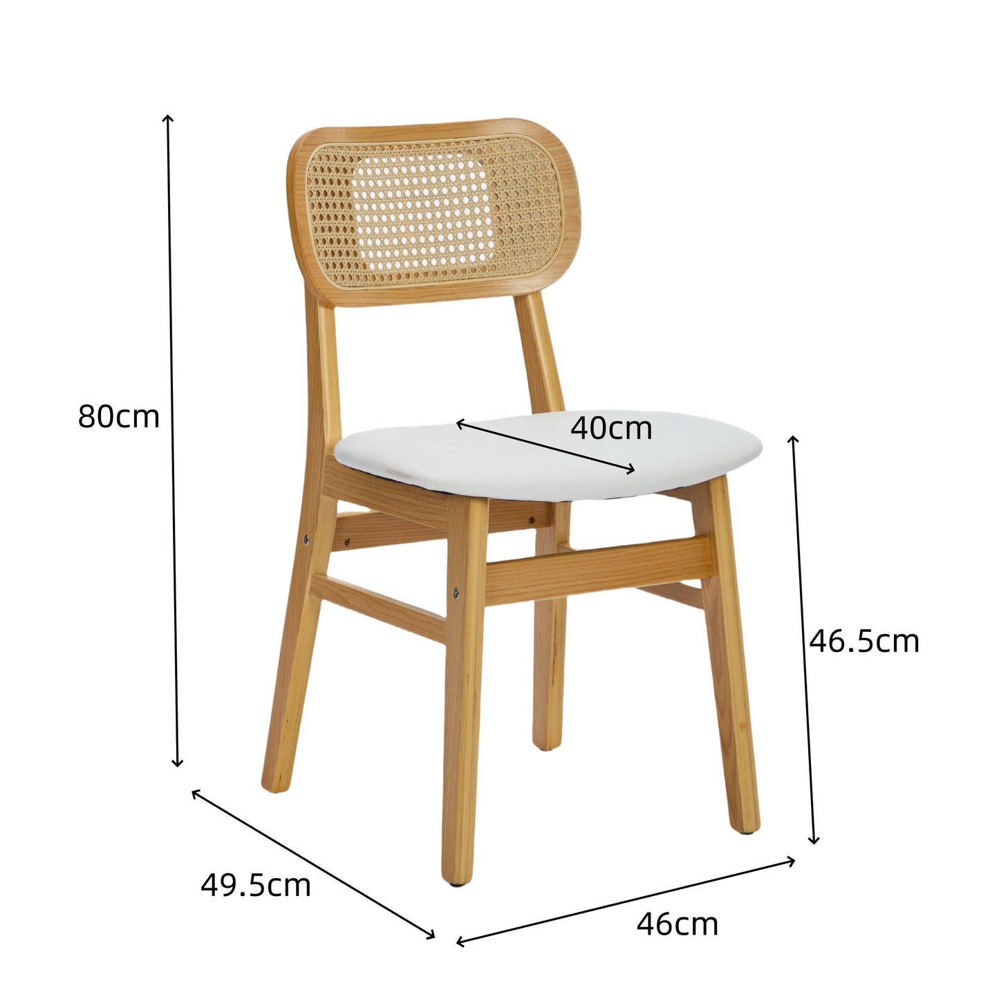 Dining Chairs Set of 2 – Rattan Back, White Faux Leather Upholstery