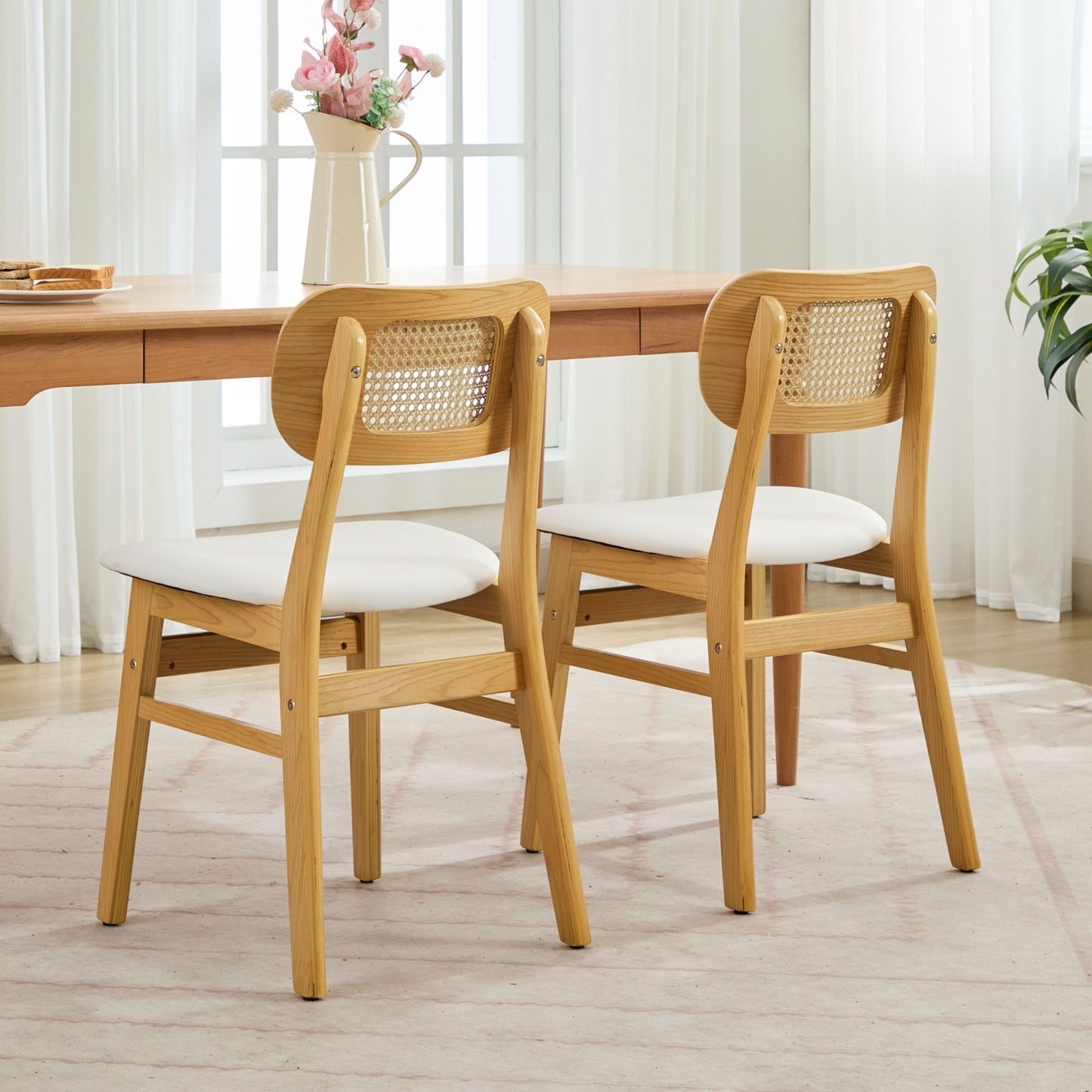 Dining Chairs Set of 2 – Rattan Back, White Faux Leather Upholstery