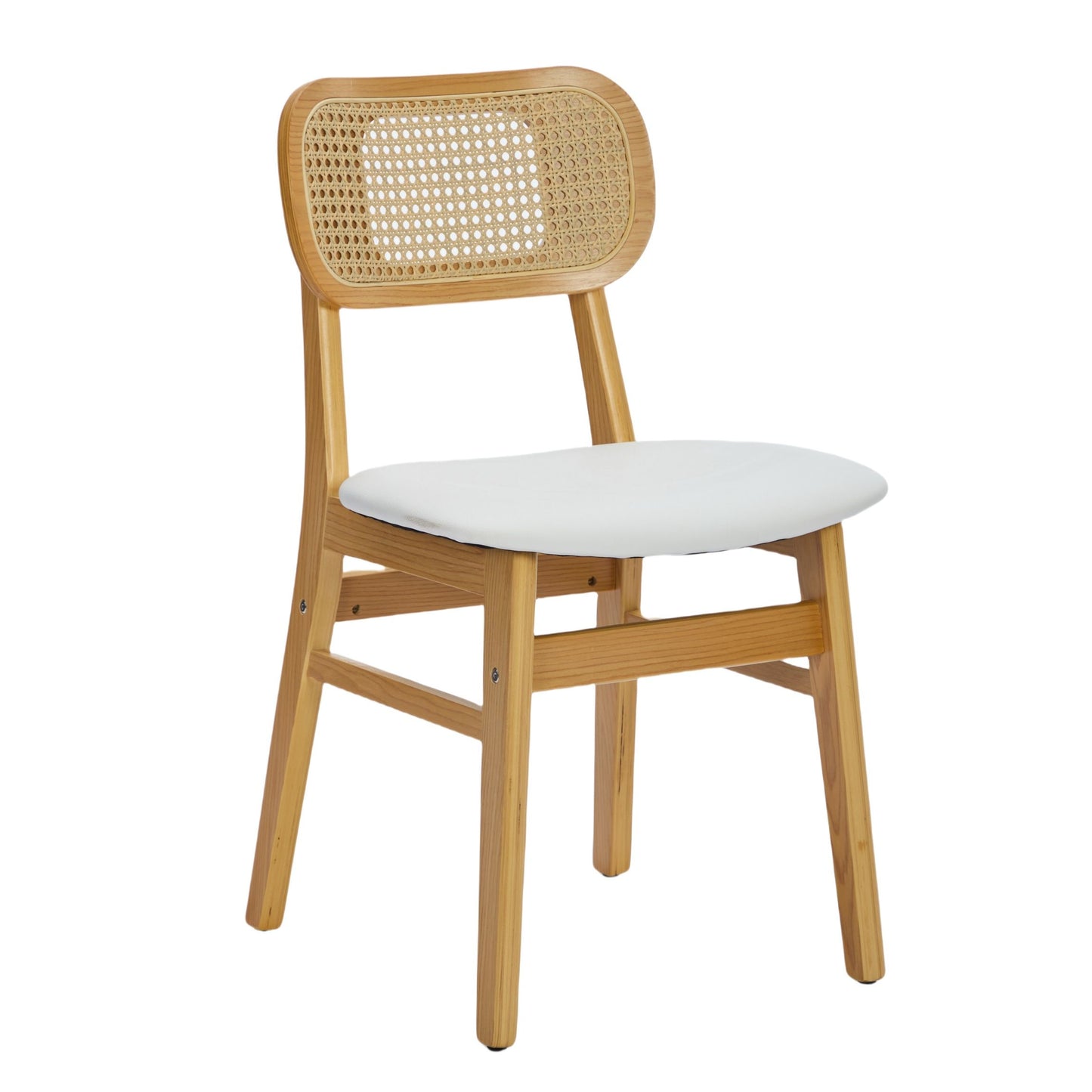 Dining Chairs Set of 2 – Rattan Back, White Faux Leather Upholstery
