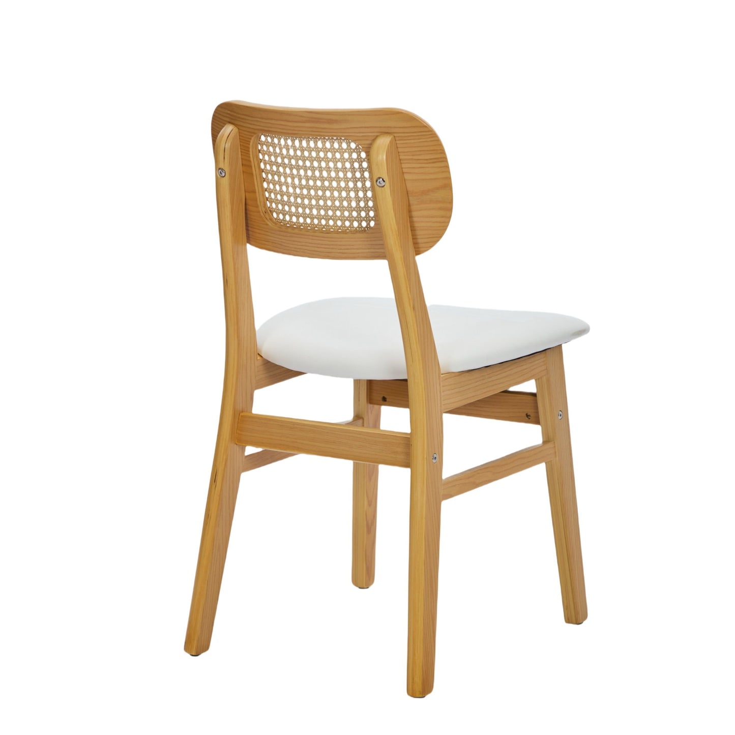 Dining Chairs Set of 2 – Rattan Back, White Faux Leather Upholstery