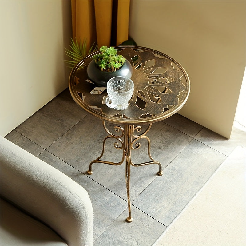 Vintage Metal Side Table – Scrollwork Design, Black Iron Top