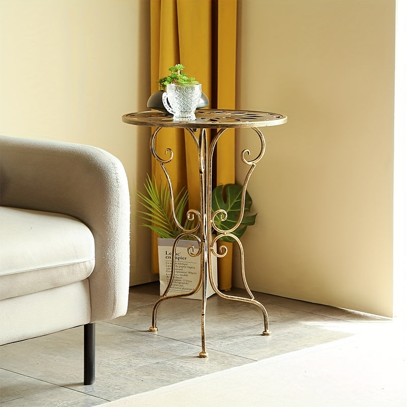 Vintage Metal Side Table – Scrollwork Design, Black Iron Top