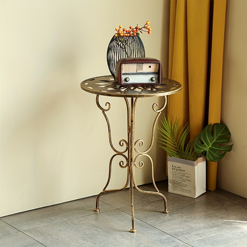 Vintage Metal Side Table – Scrollwork Design, Black Iron Top