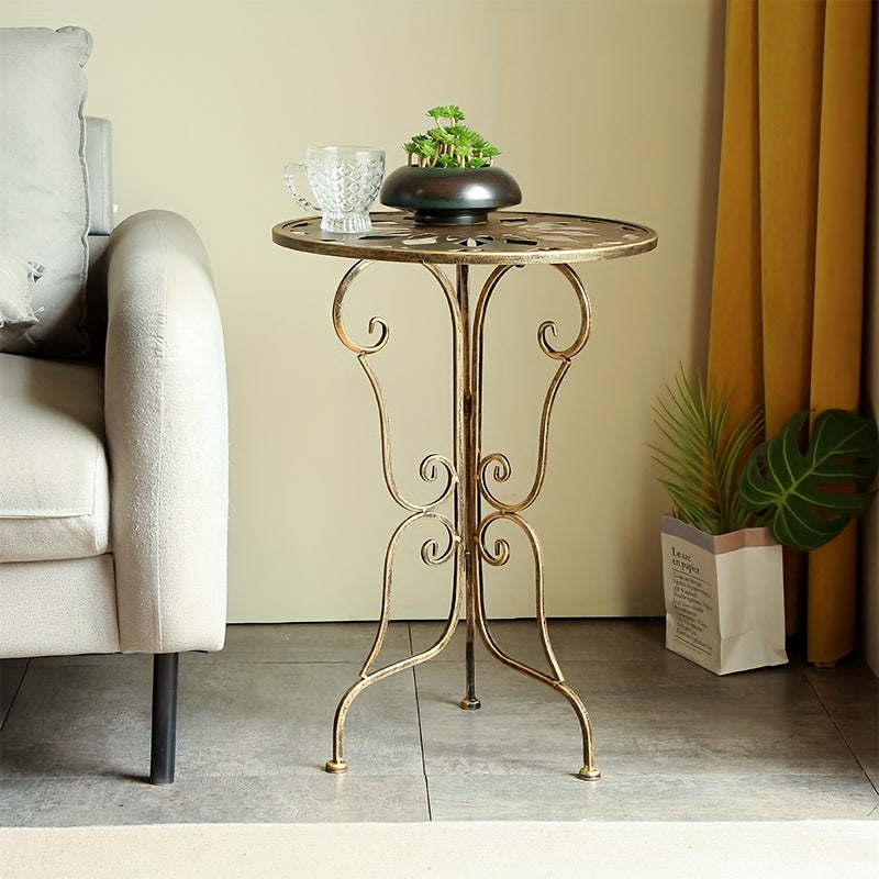 Vintage Metal Side Table – Scrollwork Design, Black Iron Top