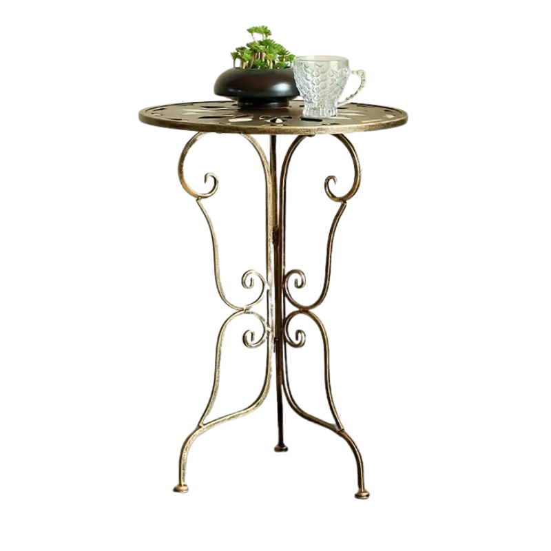 Vintage Metal Side Table – Scrollwork Design, Black Iron Top