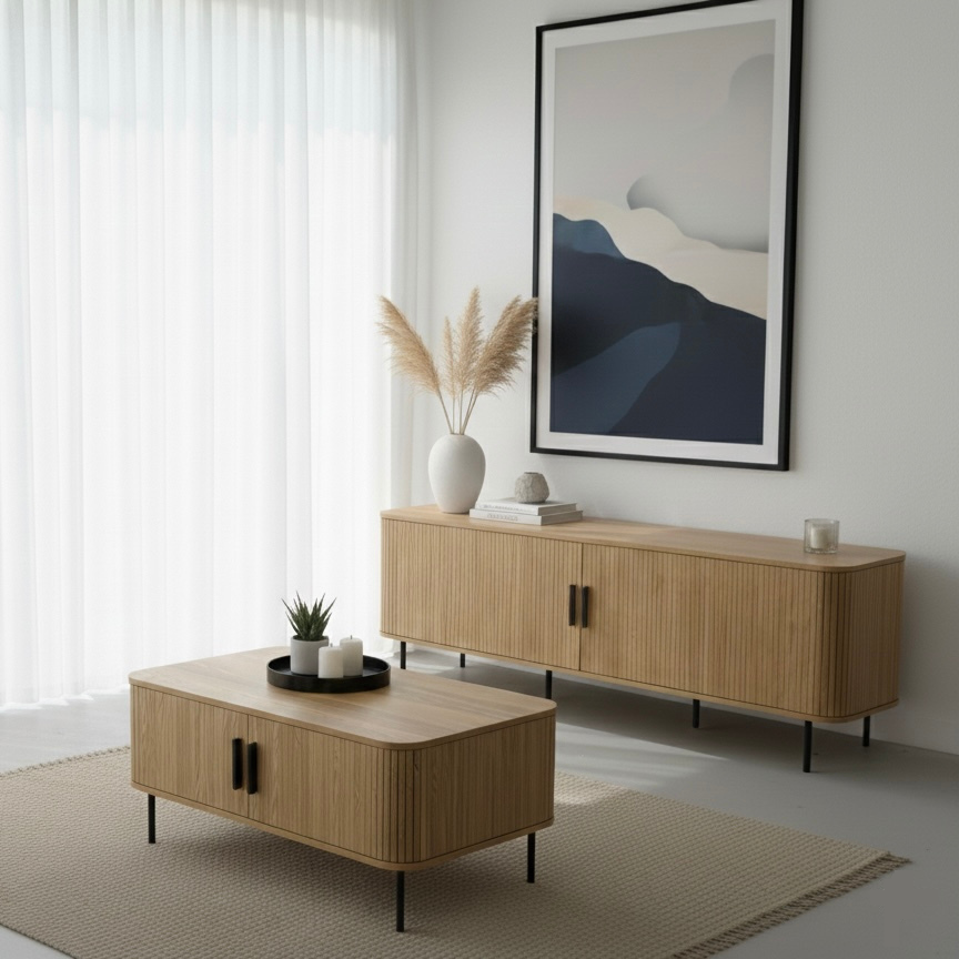 Florence Entertainment Unit – Tambour Doors, Natural Oak