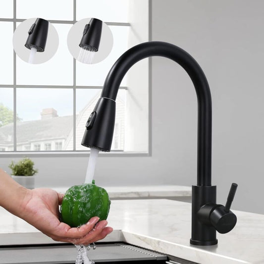Black Kitchen Faucet – Stainless Steel Pull-Down Sprayer with 2 Spray Modes