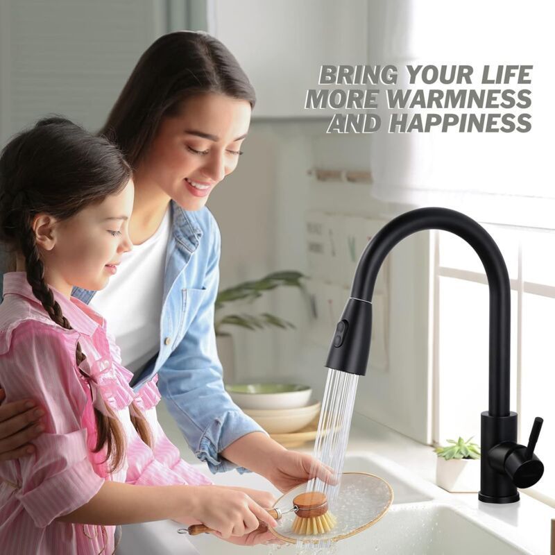 Black Kitchen Faucet – Stainless Steel Pull-Down Sprayer with 2 Spray Modes