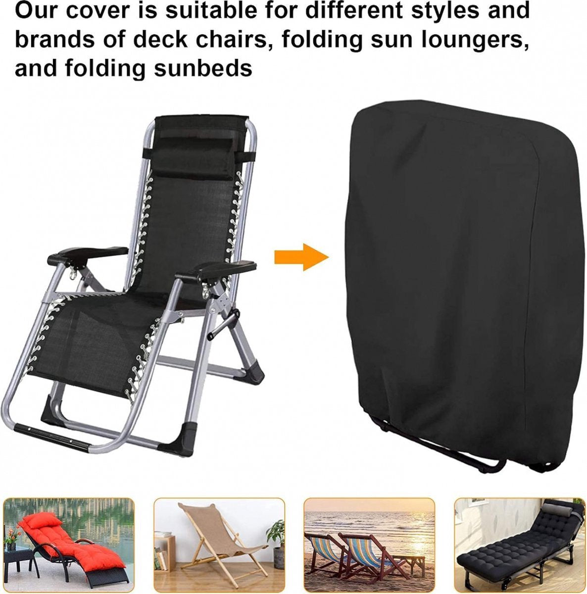 Weatherproof Protective Cover for Sun Lounger - Waterproof Chair Cover - Garden Chair Cover - Cover for Folding Chairs - Garden Furniture Cover - Protective Cover for Sun Loungers - 71x20/34x110cm - Cover for Sun Lounger - Black - With Carrying Bag - For
