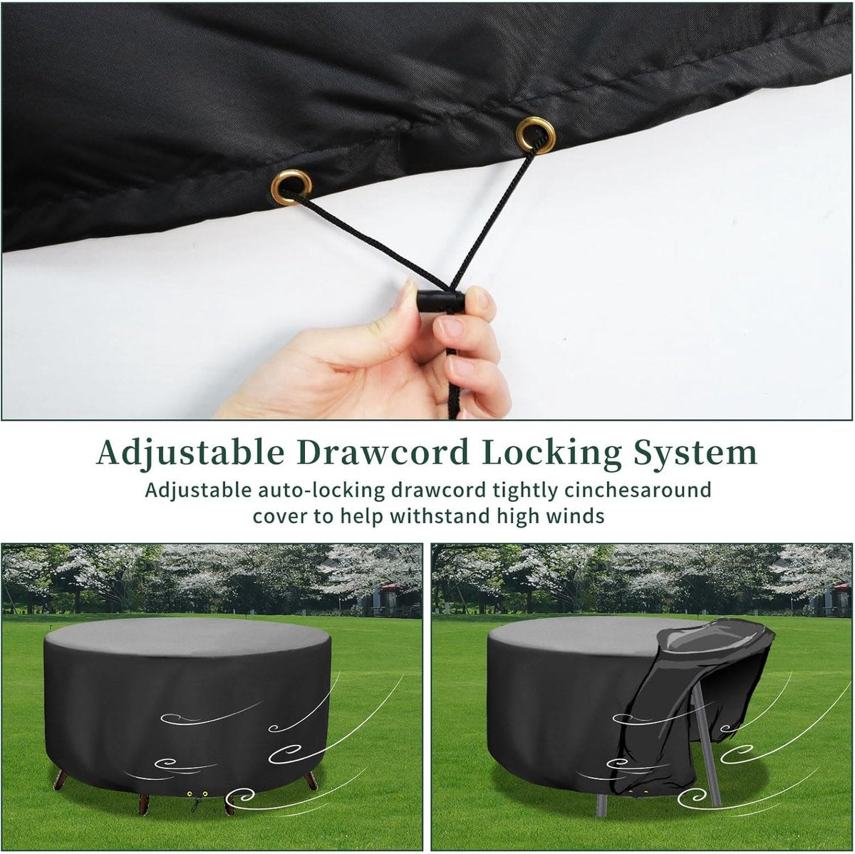 Round Garden Table Cover – Waterproof, Windproof, UV Resistant – Black, 130 cm Diameter