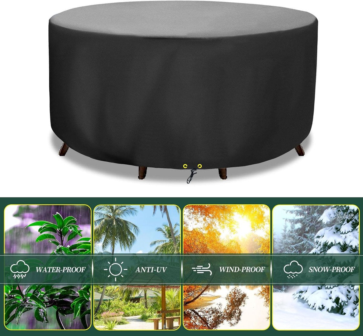 Round Garden Table Cover – Waterproof, Windproof, UV Resistant – Black, 130 cm Diameter