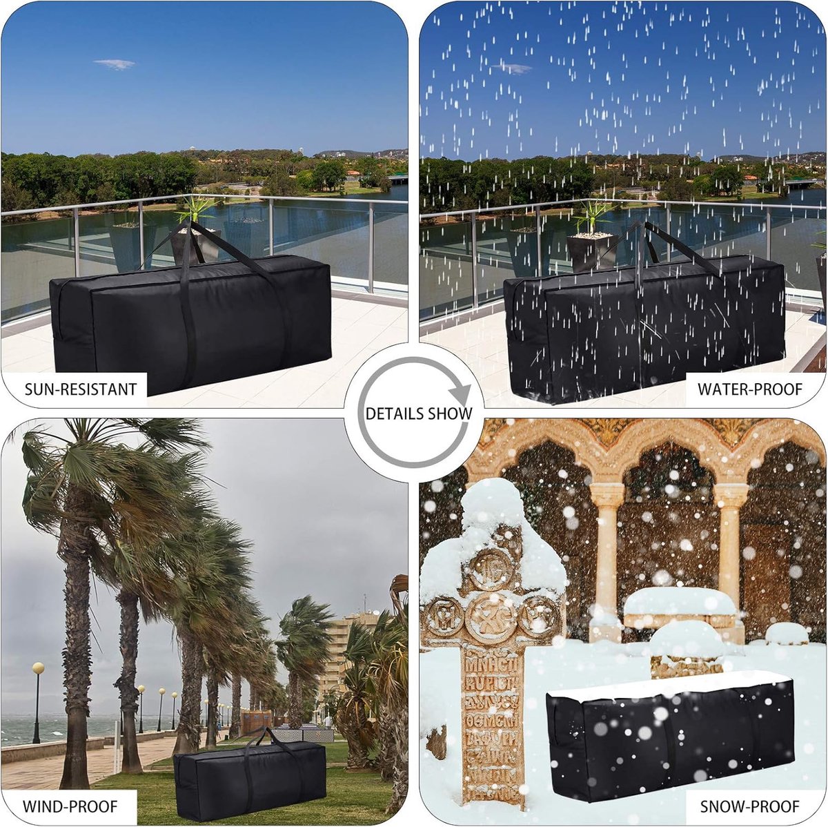Storage bag for garden furniture cushions - 600D - waterproof - UV-resistant - portable storage bag - Dust cover - Garden Furniture Cushion Cover - for garden furniture with handles and zipper - 122x38x51cm - black