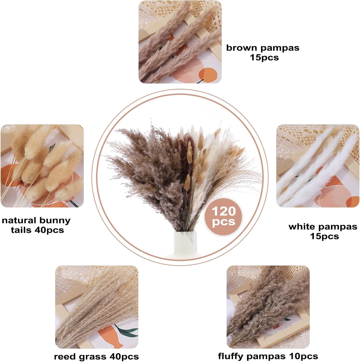 Dried Pampas Grass Bouquet – White, 17 Inch, Fluffy Bunny Tails for Home and Wedding Decor